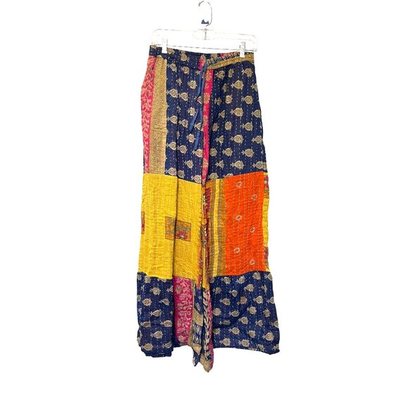 She's 1 OAK Boho Kantha Patchwork Wide-Leg Pants Multicolor Elastic Waist O/S - Picture 1 of 3